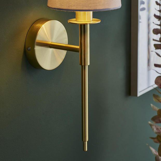 Thorlight Zadie Satin Brass Single Wall Light Complete With Vintage White Cotton Fabric Shade