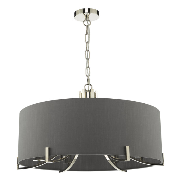 Dar Veyron 6 Light Pendant In Polished Nickel Complete With Grey Shade