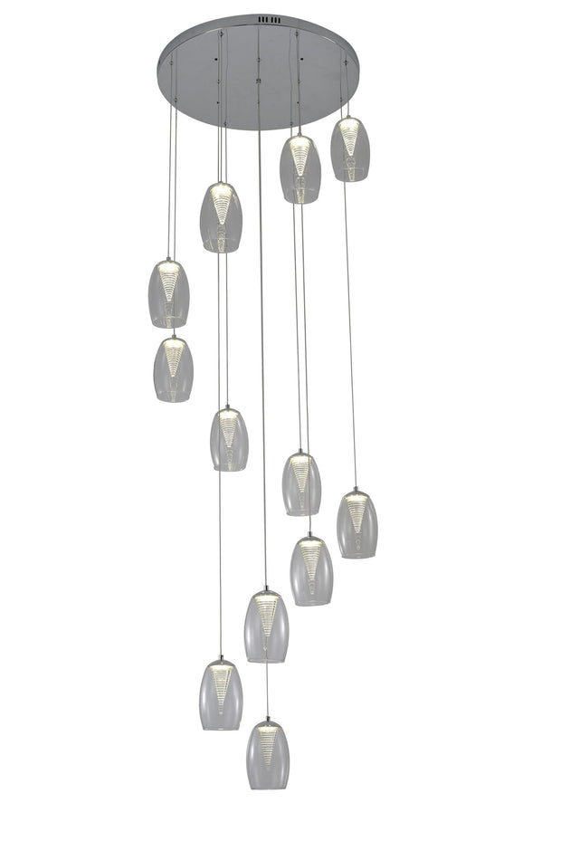 Aria Polished Chrome 12 Light Cluster Stairway Pendant With Clear Glasses - 4000K