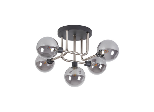 Idolite Atlas Graphite/Satin Nickel 5 Light Semi Flush Ceiling Light Complete With Sphere Smoked Glass Shades