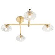 Thorlight Lux 4 Light Flush Bathroom Ceiling Light In Satin Brass With Clear Ribbed Glass Shades - IP44