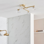 Thorlight Lux 4 Light Flush Bathroom Ceiling Light In Satin Brass With Clear Ribbed Glass Shades - IP44