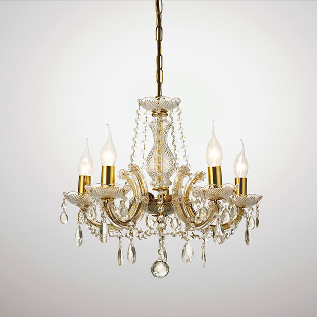 Deco Gabrielle D0019 Polished Brass 5 Light Chandelier With Acrylic Sconces & Glass Droplets