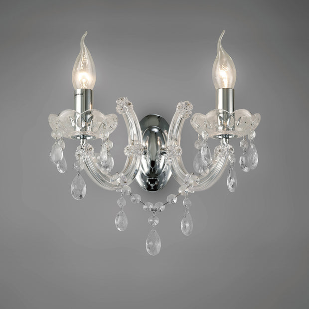 Deco Gabrielle D0024 Polished Chrome 2 Light Wall Light With Glass Sconces & Glass Droplets