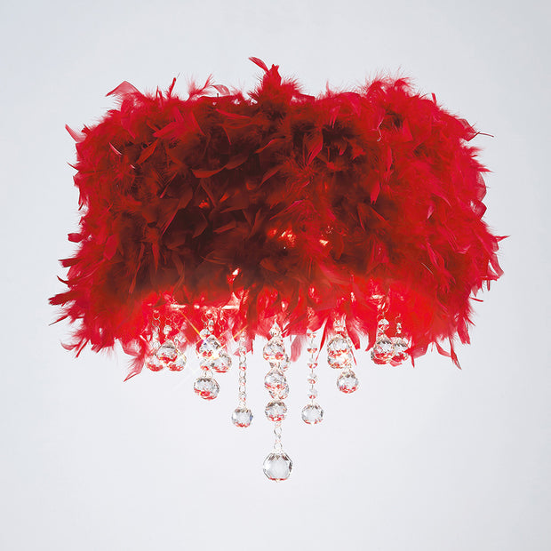 Diyas Ibis IL30741/RD Polished Chrome 3 Light Flush Crystal Ceiling Light With Red Feather Shade