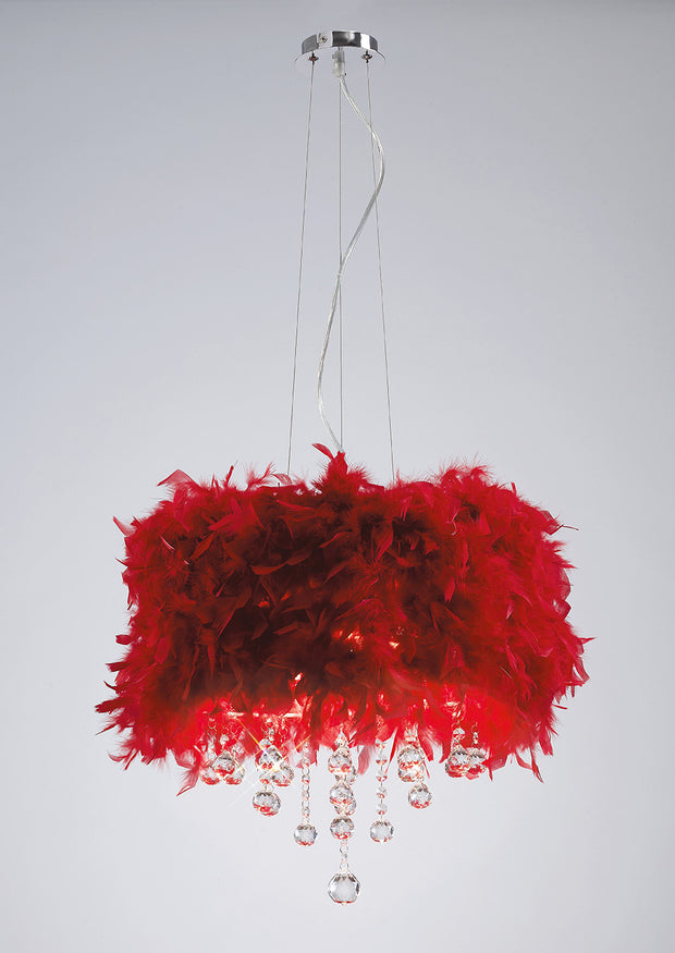 Diyas Ibis IL30742/RD Polished Chrome 3 Light Crystal Pendant With Red Feather Shade