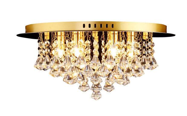 Isabella Medium Gold 6 Light Flush Crystal Ceiling Light With Hexagonal Droppers