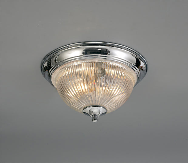 Deco Macy D0404 Polished Chrome 2 Light Flush Ceiling Light With Clear Ribbed Glass - IP44