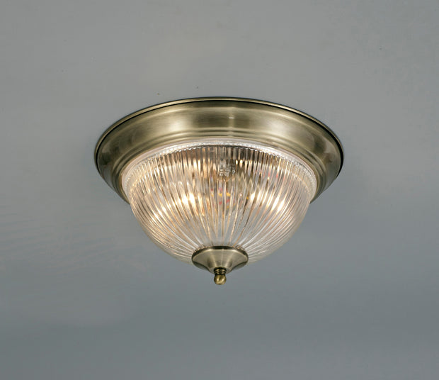 Deco Macy D0405 Antique Brass 2 Light Flush Ceiling Light With Clear Ribbed Glass - IP44