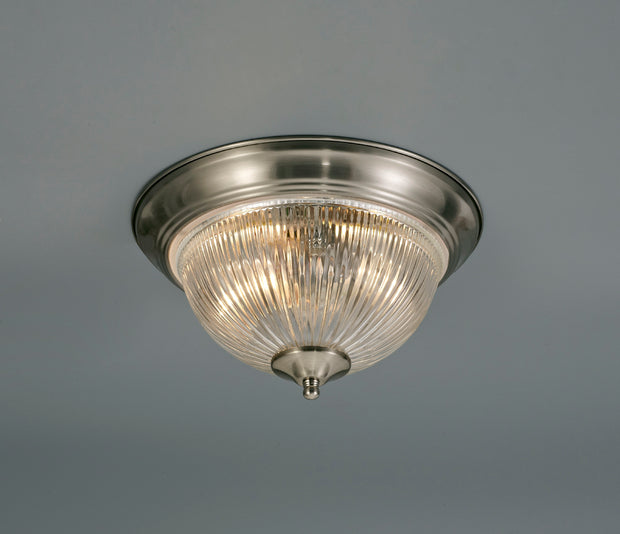Deco Macy D0406 Satin Nickel 2 Light Flush Ceiling Light With Clear Ribbed Glass - IP44