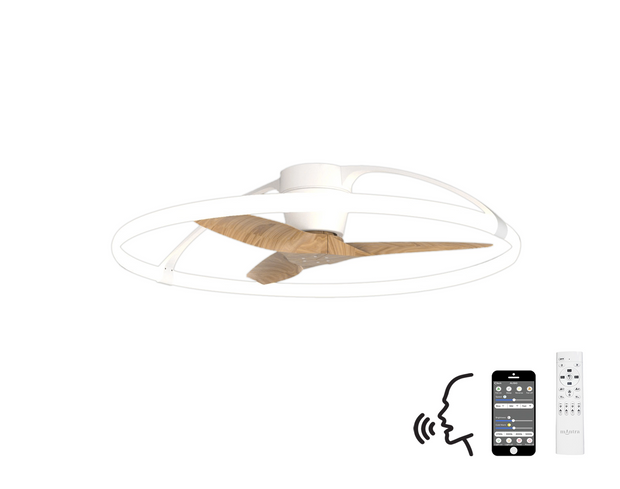 Mantra Nepal White/Wood Finish LED Ceiling Light With Built-In Reversible Fan C/W Remote Control