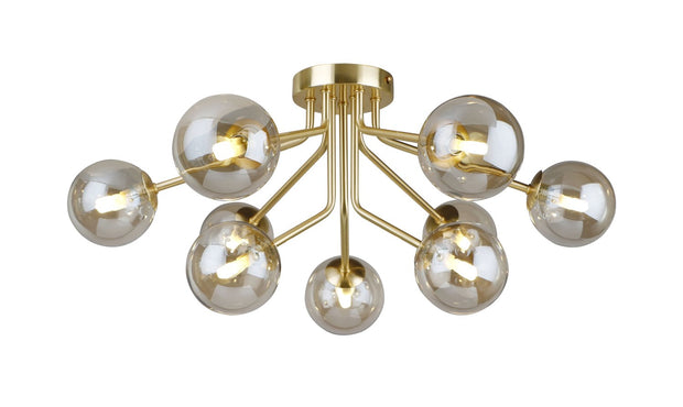 Piper Gold 9 Light Flush Ceiling Light With Cognac Glass Spheres