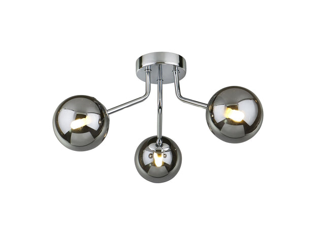 Piper Polished Chrome 3 Light Flush Ceiling Light With Smoked Glass Spheres