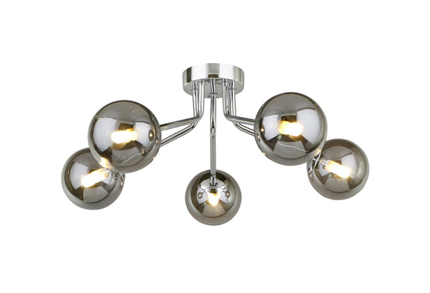 Piper Polished Chrome 5 Light Flush Ceiling Light With Smoked Glass Spheres