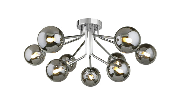 Piper Polished Chrome 9 Light Flush Ceiling Light With Smoked Glass Spheres