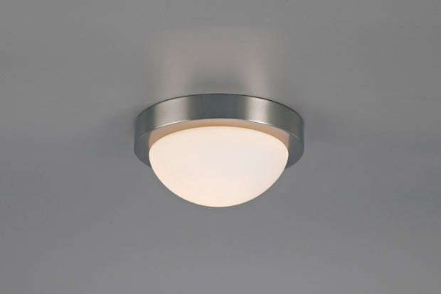 Deco Porter D0395 Satin Nickel 1 Light Small Flush Ceiling Light With Opal Glass - IP44