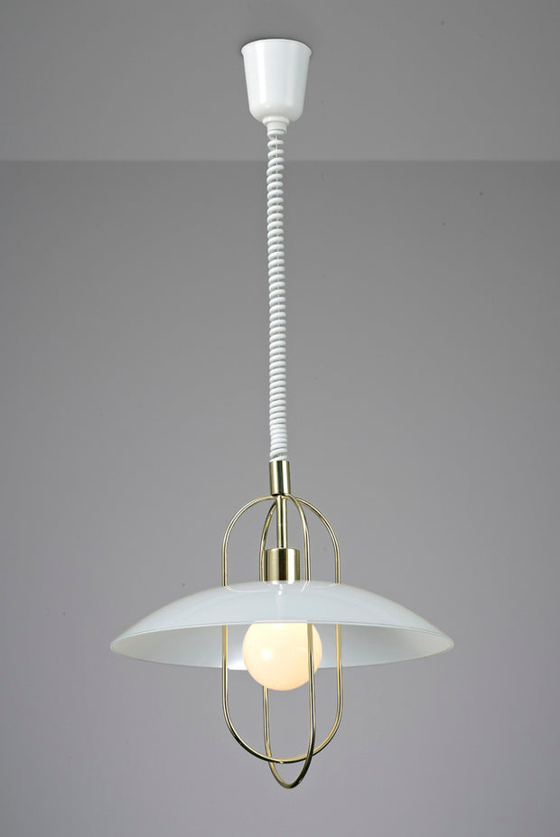 Deco Riva D0266 Polished Brass Rise & Fall Single Pendant With White Glass Shade