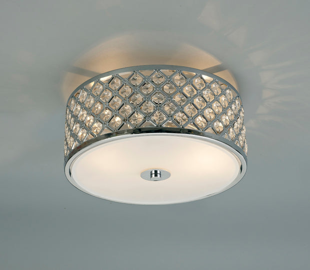 Deco Sasha D0411 Polished Chrome 2 Light Flush Ceiling Light With Crystal Glass And Opal Glass Diffuser