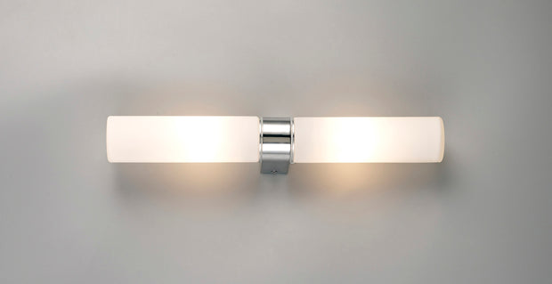 Deco Tasso D0386 Polished Chrome 2 Light Wall Light With Opal Tubular Glass Shades - IP44