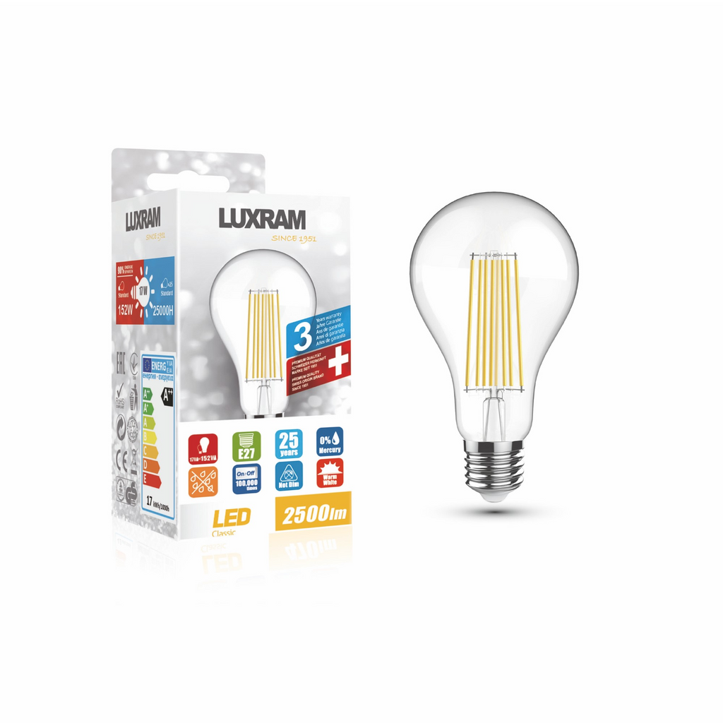 High Output LED GLS Light Bulb Clear Warm White - E27, 2700K, 2500 Lumen –  WT Lighting